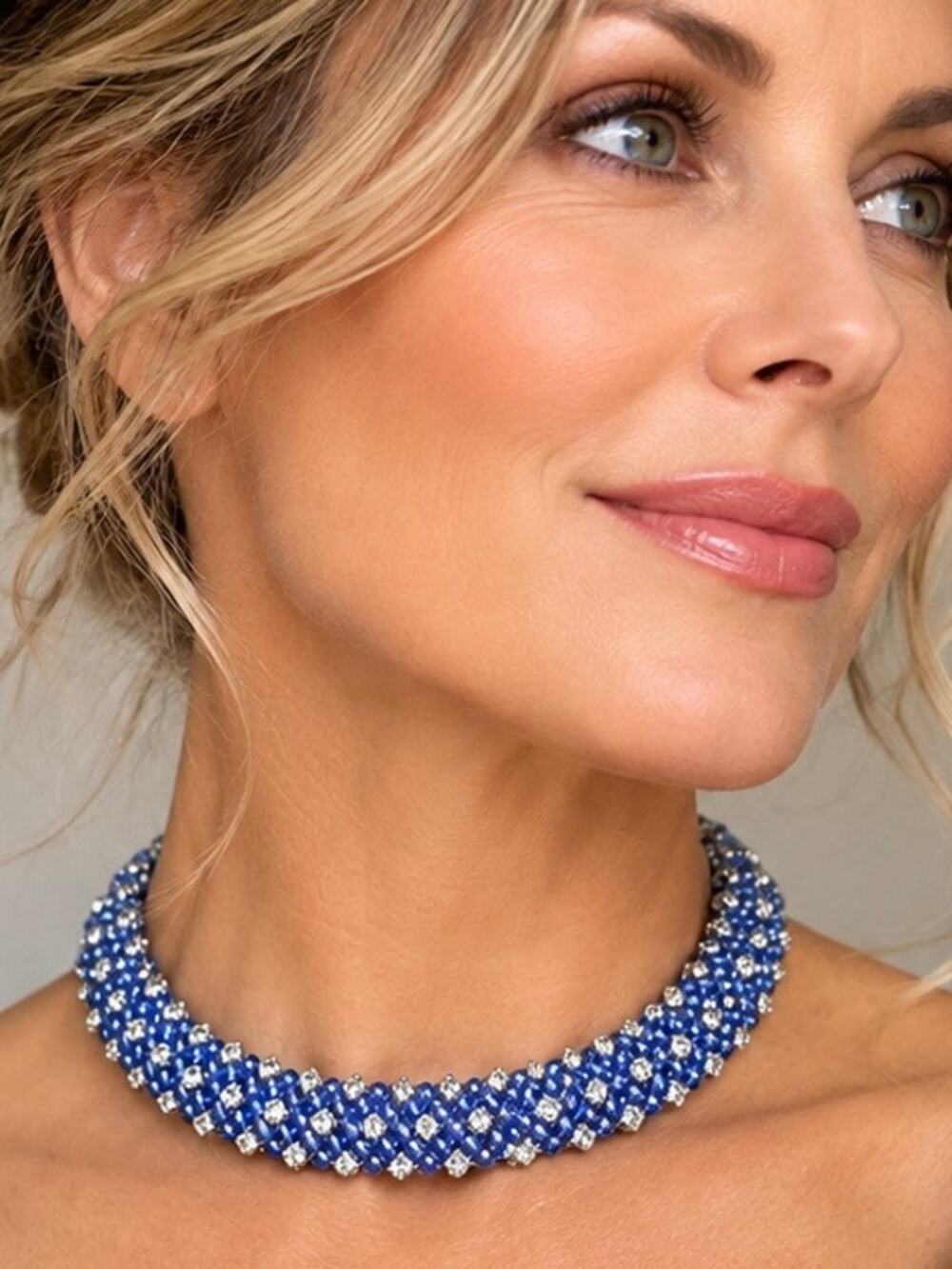 Vintage Blue Faceted Bead Rhinestone Choker Necklace Silver Tone Adjustable